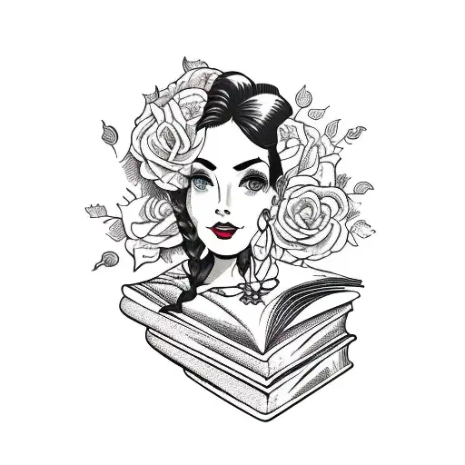 side profile traditional lady head with long hair tattoo holding books surrounded by bold floral frame tattoo design idea
