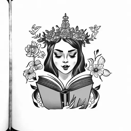 American traditional lady head profile holding a book open in front of her with a floral crown holding book in hands tattoo design idea