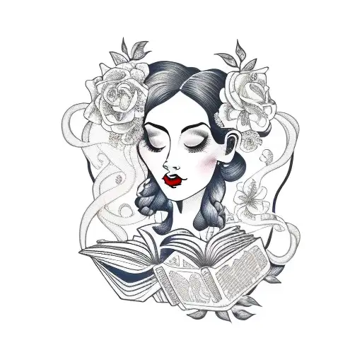 side profile traditional lady head with long hair tattoo holding books surrounded by bold floral frame tattoo design idea