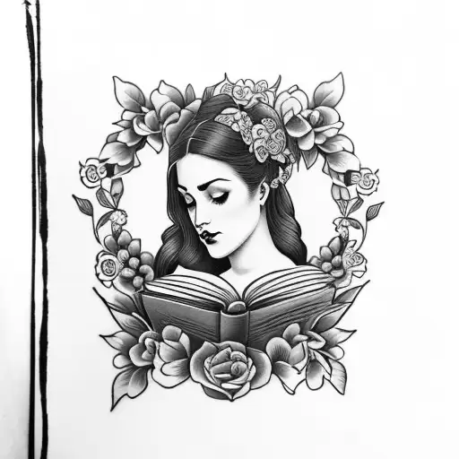 American traditional floral lady head profile holding a book open in front of her with a floral frame book in hands tattoo design idea