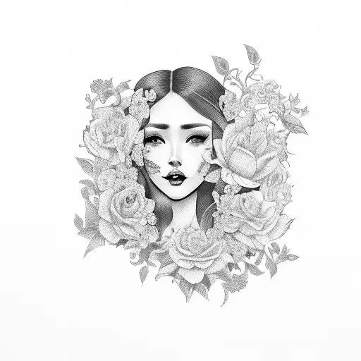 side profile traditional lady head with long hair tattoo holding books surrounded by bold floral frame tattoo design idea