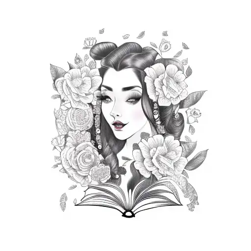 side profile traditional lady head with long hair tattoo holding open book surrounded by bold floral frame tattoo design idea