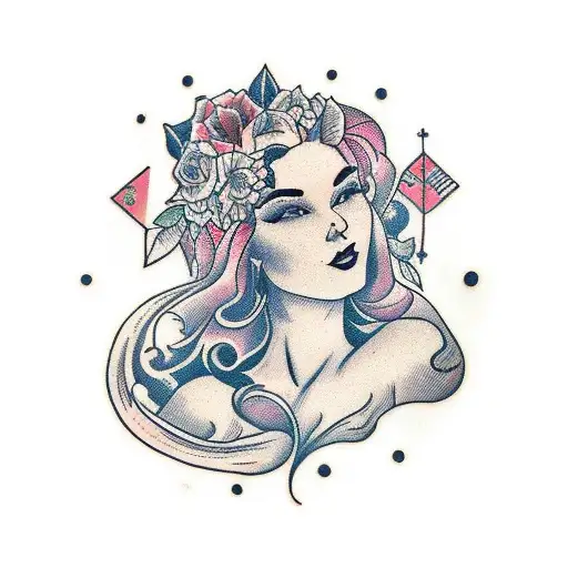 side profile traditional lady head with long hair tattoo holding open book surrounded by bold floral frame tattoo design idea