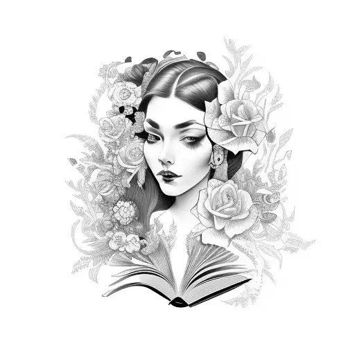 side profile traditional lady head with long hair tattoo holding open book surrounded by bold floral frame tattoo design idea