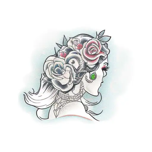 side profile traditional lady head with long hair tattoo holding open book surrounded by bold floral frame tattoo design idea