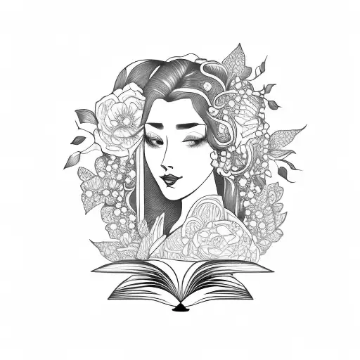 side profile traditional lady head with long hair tattoo holding open book surrounded by bold floral frame tattoo design idea
