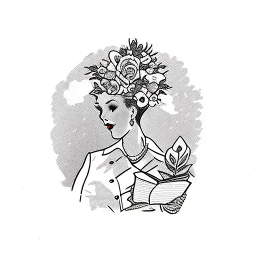Vintage floral Lady Profile Reading An Opened Book Surrounded By Bold Floral frame  tattoo design idea