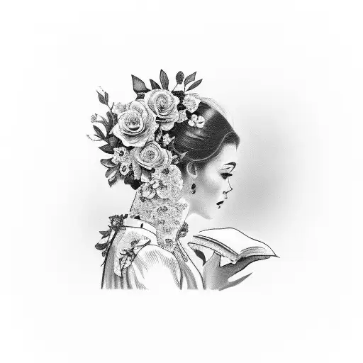 vintage traditional floral lady side face profile holding a book open in front of her with a floral frame book in hands tattoo design idea