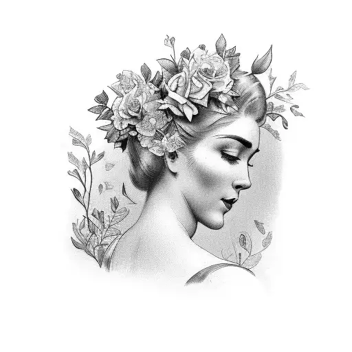vintage traditional floral lady side face profile holding a book open in front of her with a floral frame book in hands tattoo design idea
