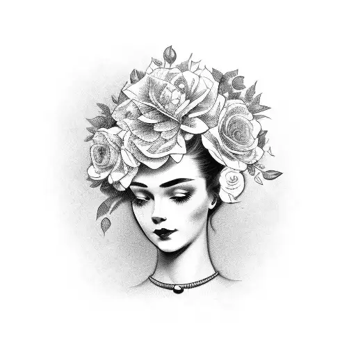 Vintage floral Lady Profile Reading An Opened Book Surrounded By Bold Floral frame  tattoo design idea