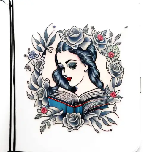 American traditional floral lady head profile holding a book open in front of her with a floral frame book in hands tattoo design idea