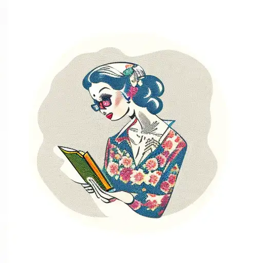 Vintage Lady Reading An Opened Book Surrounded By Bold Floral frame  tattoo design idea