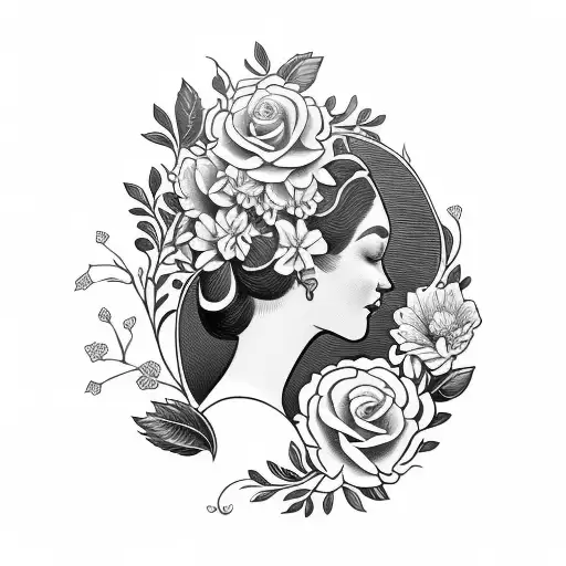 Vintage floral Lady Profile Reading An Opened Book Surrounded By Bold Floral frame  tattoo design idea