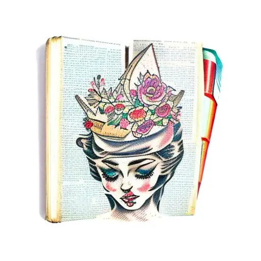 American traditional lady head tattoo holding a book open in front of her with a floral crown holding book in hands tattoo design idea