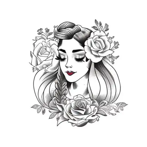 side profile traditional lady head with long hair tattoo holding open book surrounded by bold floral frame tattoo design idea