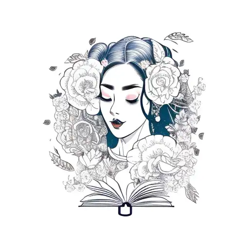side profile traditional lady head with long hair tattoo holding open book surrounded by bold floral frame tattoo design idea