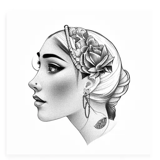 side profile traditional lady head with long hair tattoo holding books surrounded by bold floral frame tattoo design idea