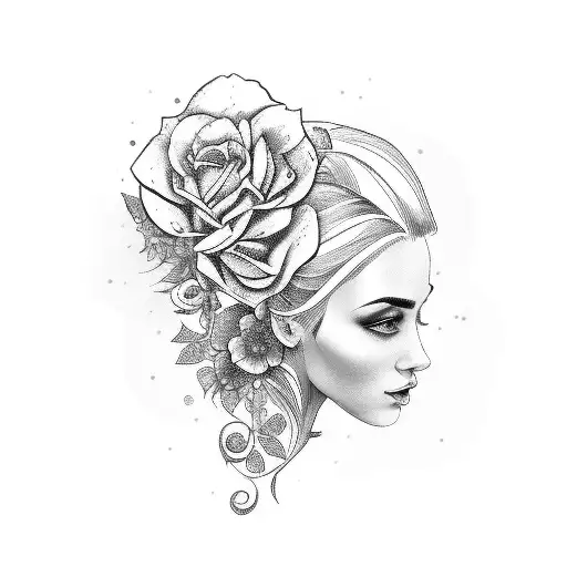 side profile traditional lady head with long hair tattoo holding open book surrounded by bold floral frame tattoo design idea