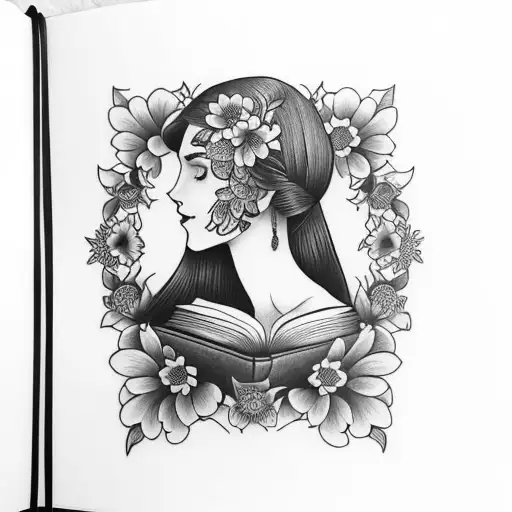 American traditional floral lady head profile holding a book open in front of her with a floral frame book in hands tattoo design idea