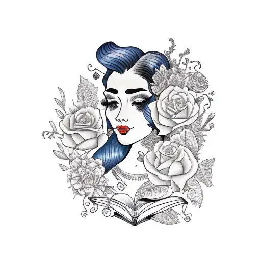 side profile traditional lady head with long hair tattoo holding open book surrounded by bold floral frame tattoo design idea