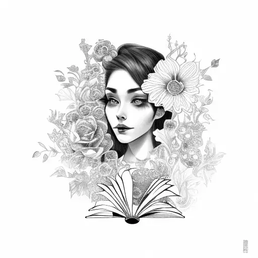 side profile traditional lady head with long hair tattoo holding open book surrounded by bold floral frame tattoo design idea