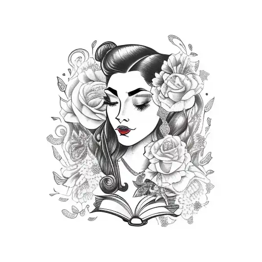 side profile traditional lady head with long hair tattoo holding open book surrounded by bold floral frame tattoo design idea