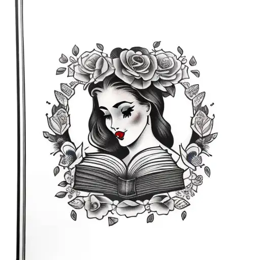 American traditional floral lady head profile holding a book open in front of her with a floral frame book in hands tattoo design idea