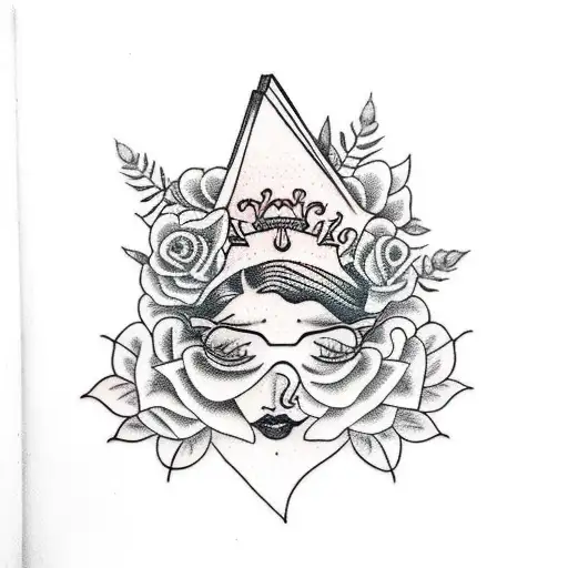 Black and gray American traditional lady head tattoo holding a book open in front of her with a floral crown and floral  tattoo design idea