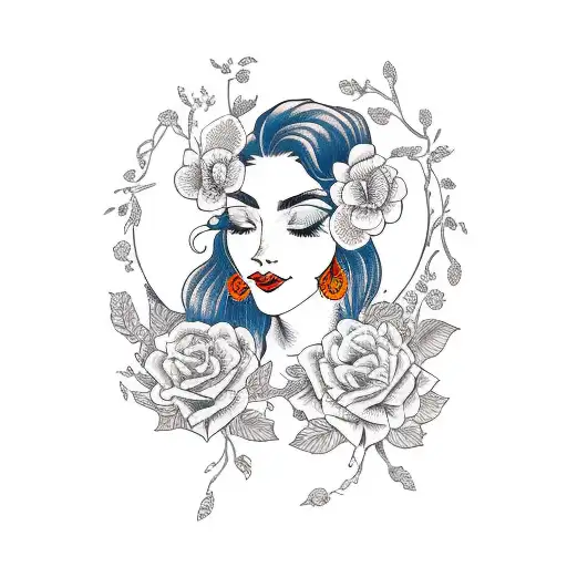 side profile traditional lady head with long hair tattoo holding open book surrounded by bold floral frame tattoo design idea