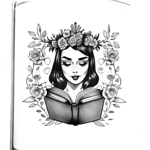 American traditional lady head tattoo holding a book open in front of her with a floral crown holding book in hands tattoo design idea