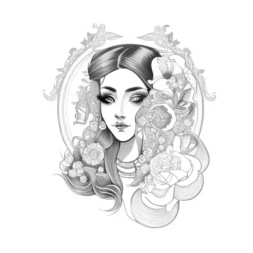 side profile traditional lady head with long hair tattoo holding open book surrounded by bold floral frame tattoo design idea