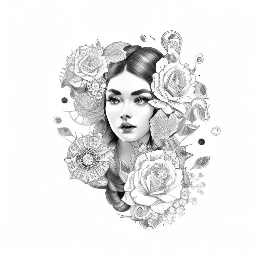 side profile traditional lady head with long hair tattoo holding books surrounded by bold floral frame tattoo design idea