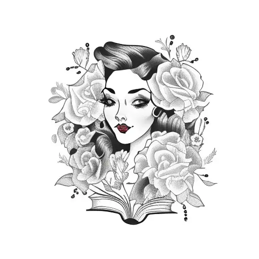 side profile traditional lady head with long hair tattoo holding open book surrounded by bold floral frame tattoo design idea