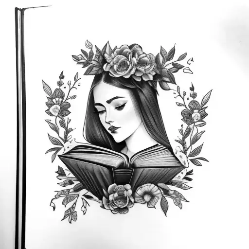 American traditional floral lady head profile holding a book open in front of her with a floral frame book in hands tattoo design idea