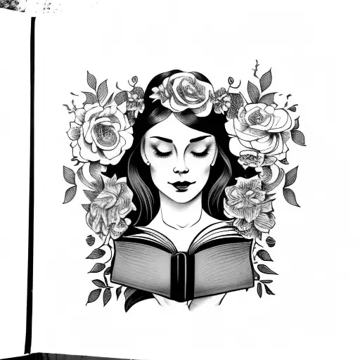 American traditional floral lady side profile holding a book open in front of her with a floral frame book in hands tattoo design idea