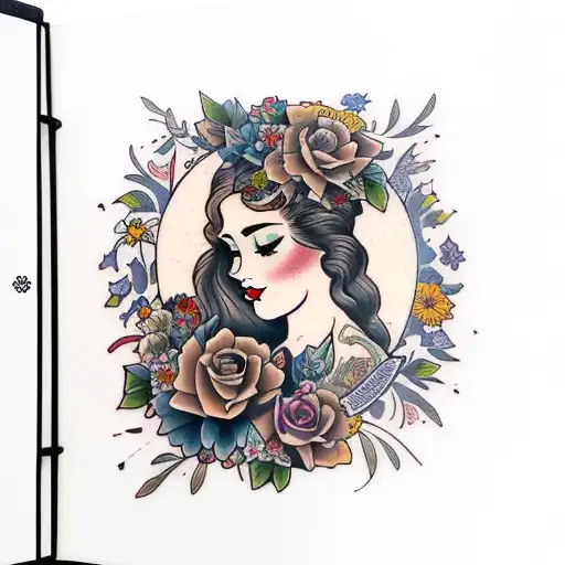 American traditional floral lady head profile holding a book open in front of her with a floral frame book in hands tattoo design idea