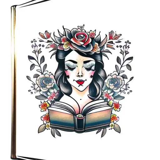 American traditional floral lady head profile holding a book open in front of her with a floral frame book in hands tattoo design idea
