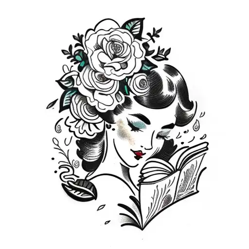 Vintage floral Lady Profile Reading An Opened Book Surrounded By Bold Floral frame  tattoo design idea