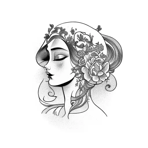 side profile traditional lady head with long hair tattoo holding open book surrounded by bold floral frame tattoo design idea