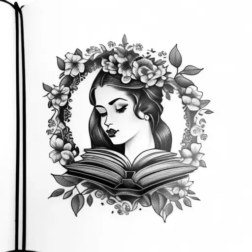 American traditional floral lady head profile holding a book open in front of her with a floral frame book in hands tattoo design idea