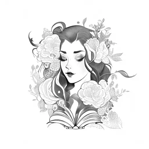 side profile traditional lady head with long hair tattoo holding open book surrounded by bold floral frame tattoo design idea