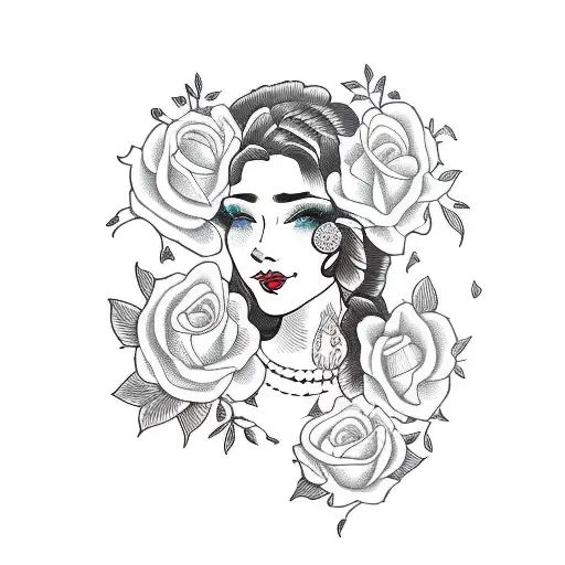 side profile traditional lady head with long hair tattoo holding open book surrounded by bold floral frame tattoo design idea