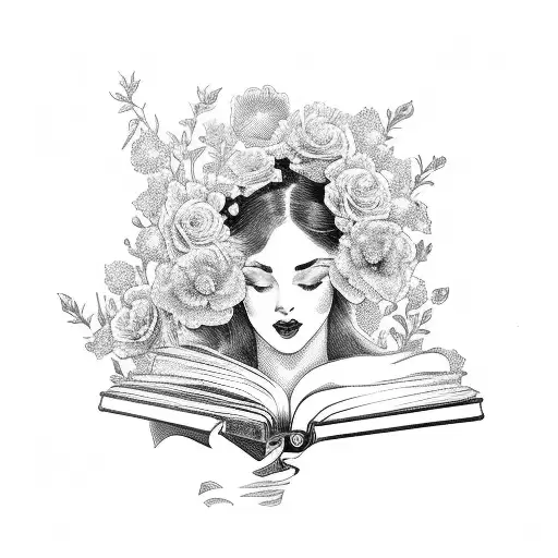 Vintage floral Lady Profile Reading An Opened Book Surrounded By Bold Floral frame  tattoo design idea