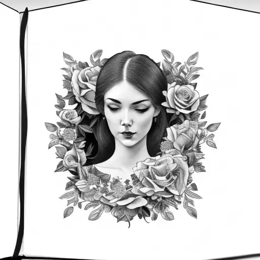 American traditional floral lady side face profile holding a book open in front of her with a floral frame book in hands tattoo design idea