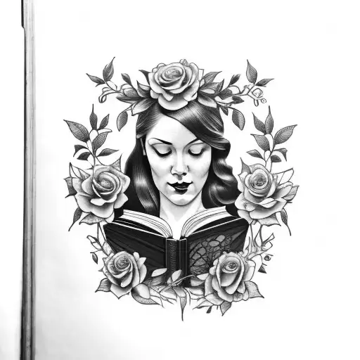 American traditional floral lady head profile holding a book open in front of her with a floral frame book in hands tattoo design idea