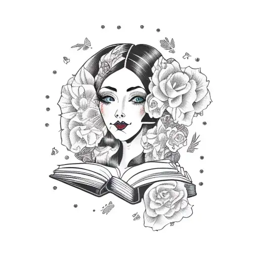 side profile traditional lady head with long hair tattoo holding open book surrounded by bold floral frame tattoo design idea