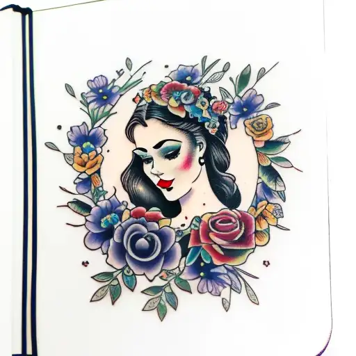 American traditional floral lady head profile holding a book open in front of her with a floral frame book in hands tattoo design idea
