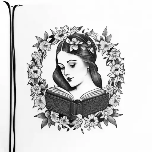 American traditional floral lady head profile holding a book open in front of her with a floral frame book in hands tattoo design idea