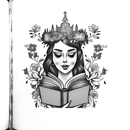 American traditional lady head profile holding a book open in front of her with a floral crown holding book in hands tattoo design idea