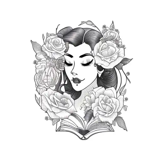 side profile traditional lady head with long hair tattoo holding open book surrounded by bold floral frame tattoo design idea
